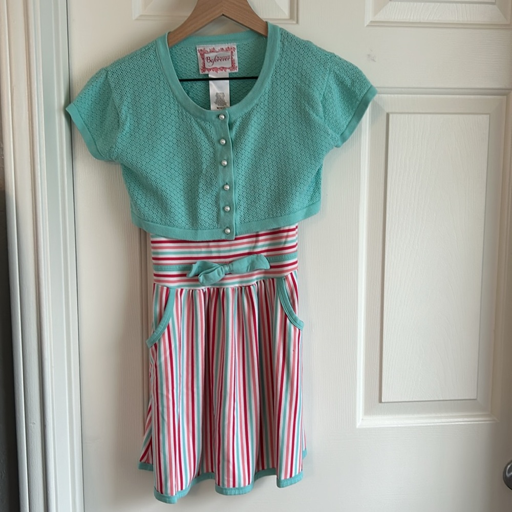 Blueberi Boulevard Aqua and Multicolor Striped Kids Dress
